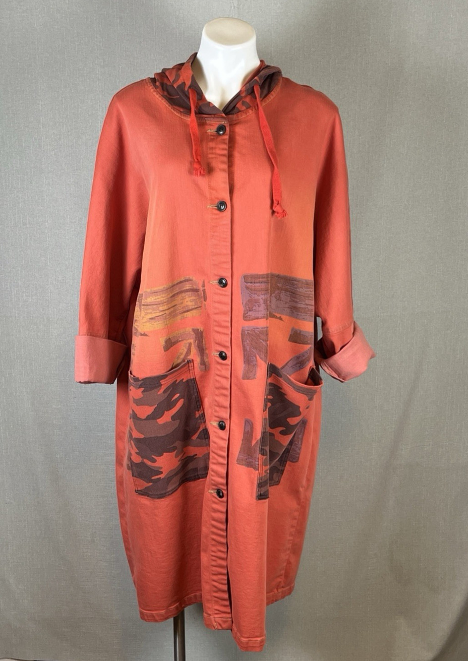 Monthorigin Hoodie Sweatshirt Shirt Dress Oversized Midi Orange Abstract Tribal
